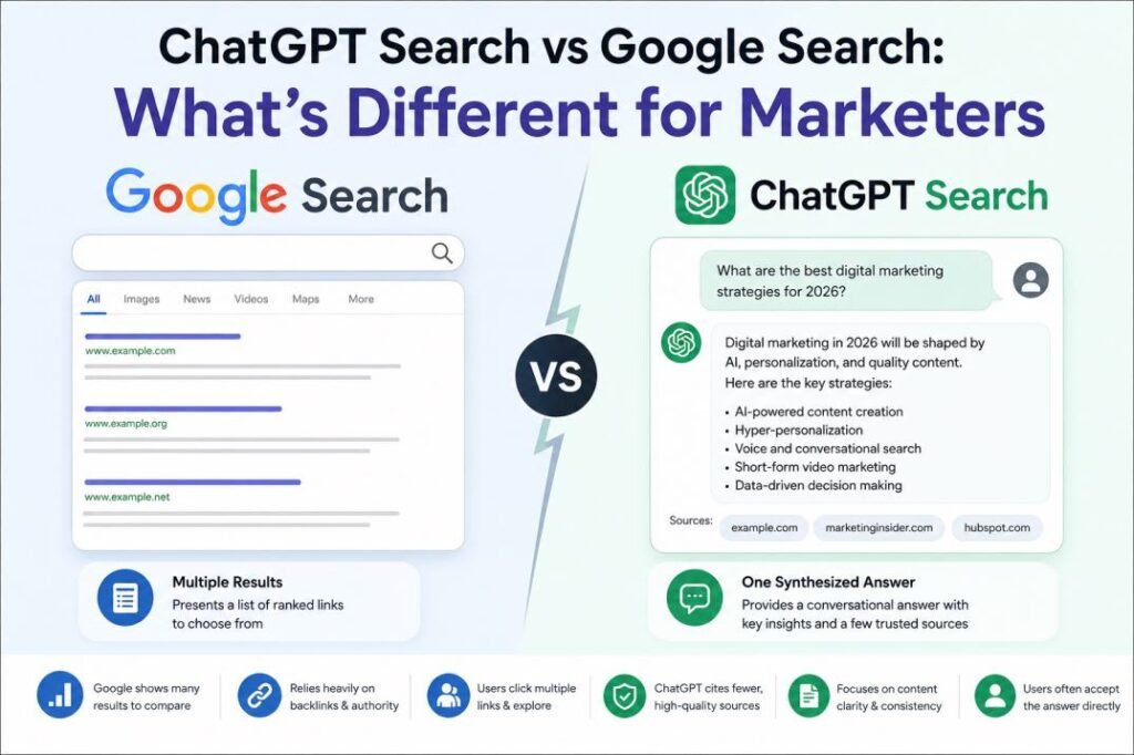 ChatGPT Search vs Google Search: What's Different for Marketers chatgpt search vs google search marketers